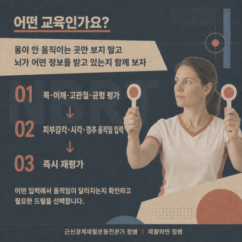 목 어깨 고관절 균형 평가와 감각 입력, 즉시 재평가를 설명하는 교육 이미지