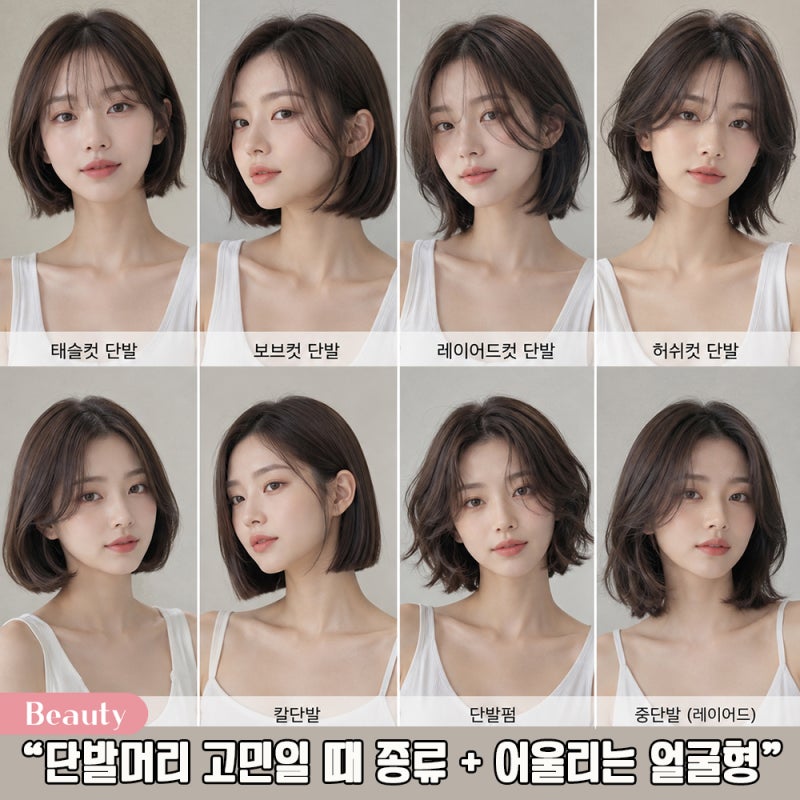단발머리 고민일 때 참고! 태슬컷 보브컷 레이어드컷 허쉬컷 단발 어울리는 얼굴형 추천