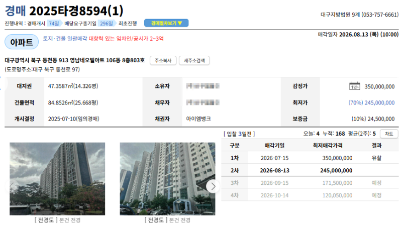 대구 북구 동천동 영남네오빌아트 아파트 경매 아파트 감정가 3억 5,000만원 최저가 2억 4,500만원, 입찰해도 될까? 사진 3