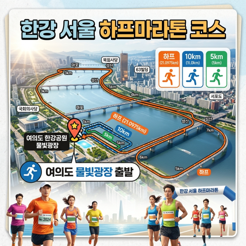 한강 서울 하프마라톤 코스, 하프·10km·5km 구간과 여의도 한강공원 출발지 총정리