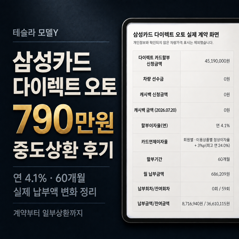 테슬라 모델Y 삼성카드 다이렉트 오토 후기｜벤츠 팔고 790만원 중도상환