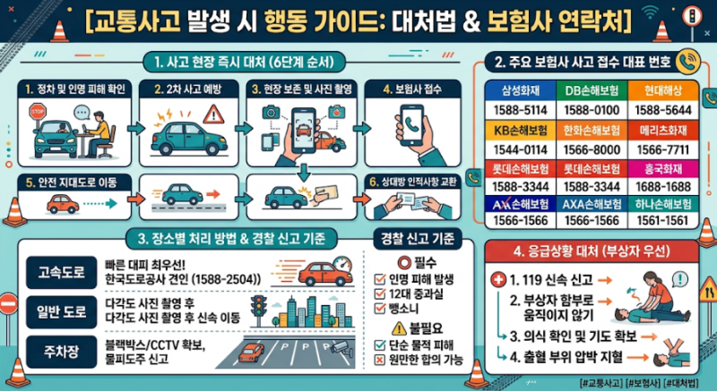교통사고 났을 때 대처법 총정리: 보험사 전화번호부터 장소별 처리·경찰 신고 기준까지