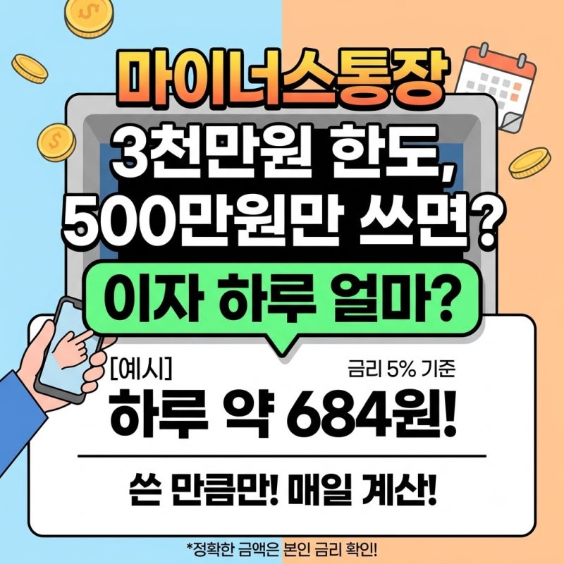 마이너스통장 3천만원 한도에서 500만원만 쓰면 이자 하루 얼마