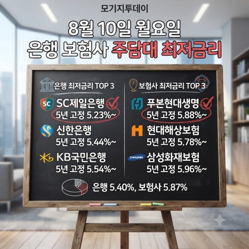 KB 국민은행 주담대(주택담보대출) 금리 5.53% 등 8월 10일 은행 보험사 아파트담보대출 최저 금....