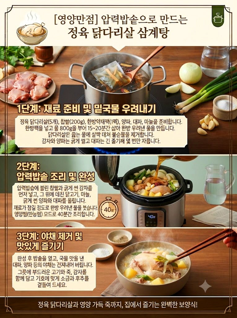 쿠첸전기 압력밥솥과 닭다리 살로 만드는 보양식 삼계탕.