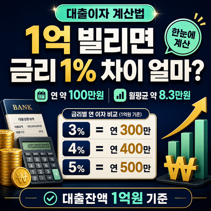 대출이자 계산법｜1억을 빌리면 금리 1% 차이가 얼마일까