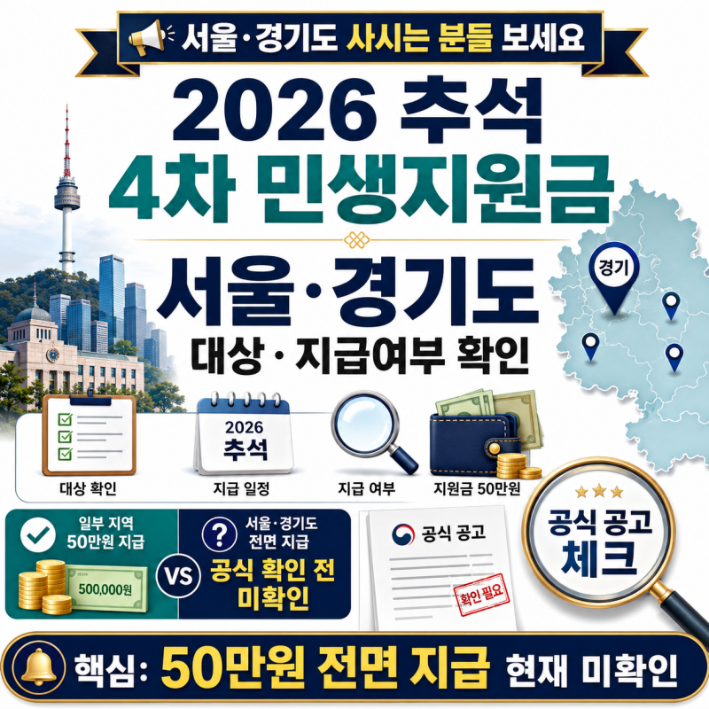 2026 추석 4차 민생지원금 서울 경기도 살면 1인당 50만원 받을 수 있을까?
