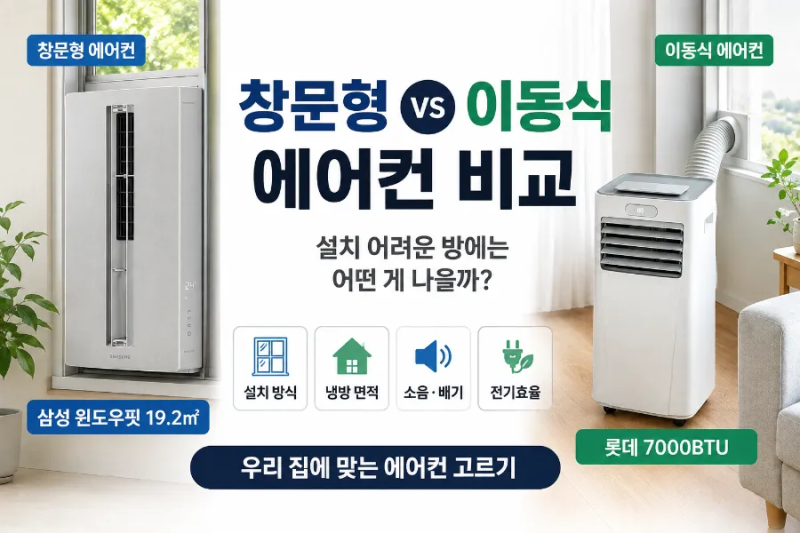 창문형 에어컨 vs 이동식 에어컨 비교, 삼성 윈도우핏·롯데 7000BTU 어떤 방에 맞을까?