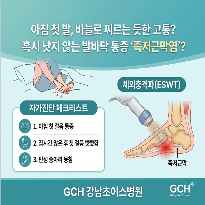 아침 첫 발의 공포, 낫지 않는 발바닥 통증 '족저근막염'이 괴롭다면? (feat. GCH 강남초이스 체....