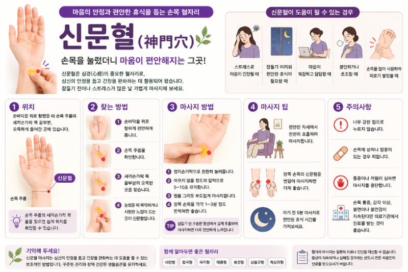 잠이 잘 오지 않을 때 손목을 눌러보세요! 신문혈 위치와 마사지 방법