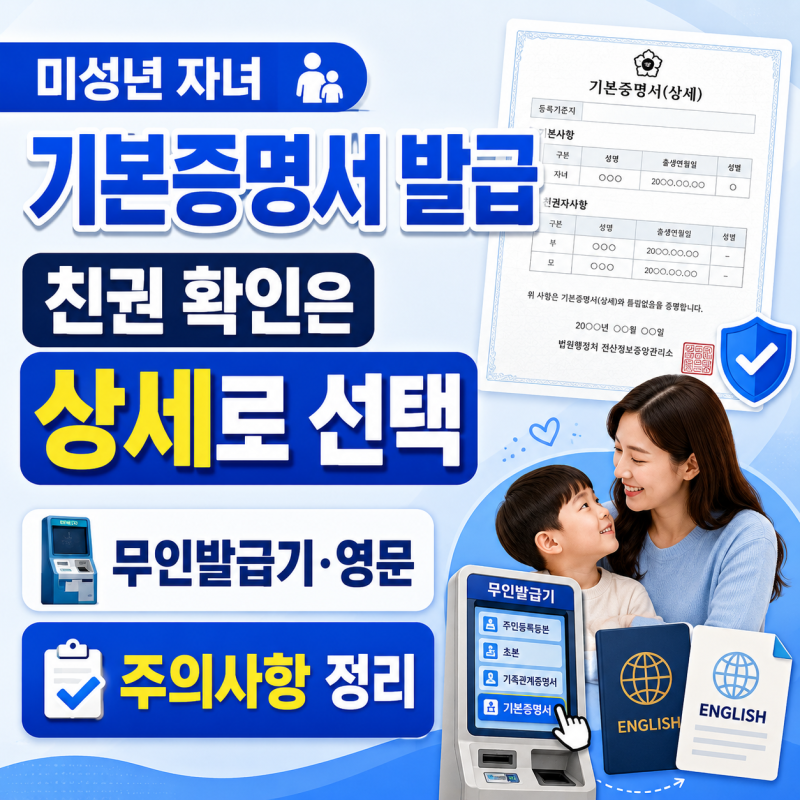 미성년 자녀 기본증명서 발급방법 상세 친권 무인발급기 영문 발급 정리