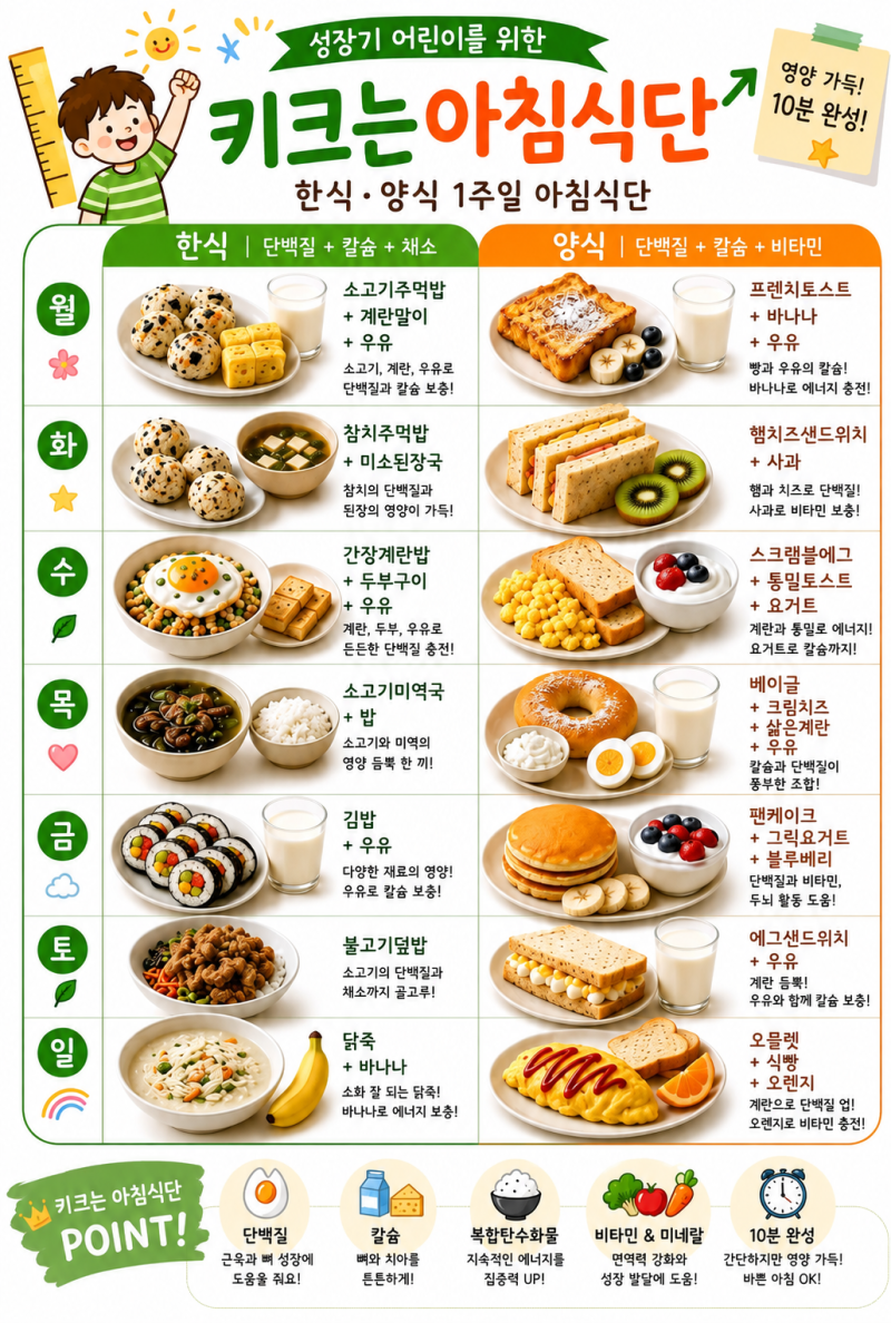 어린이 아침식단 추천｜성장기 아이를 위한 7일 아침밥 메뉴
