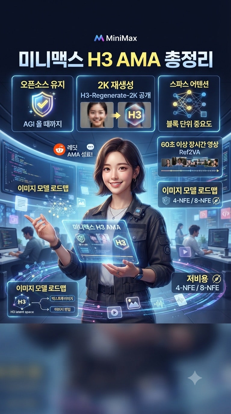미니맥스 H3 AMA 총정리, AGI 올 때까지 오픈소스 유지하고 2K 재생성도 푼다