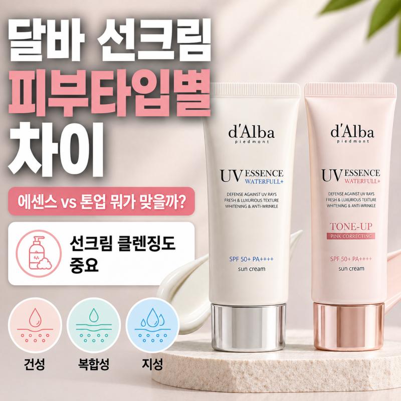 달바 선크림 1+1 비교, 에센스 선크림 vs 핑크 톤업 어떤 피부에 맞을까