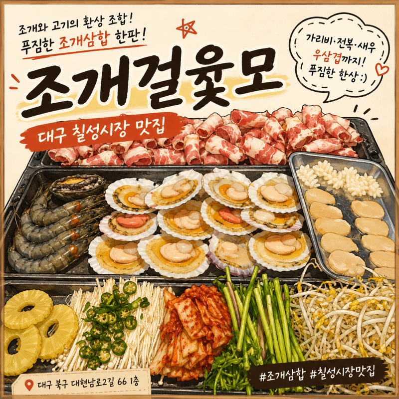 대구 조개구이 맛집 조개걸윷모｜칠성시장 근처 푸짐한 조개삼합