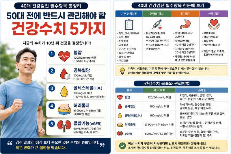40대 건강검진 필수항목 총정리｜50대 전에 반드시 관리해야 할 건강수치 5가지