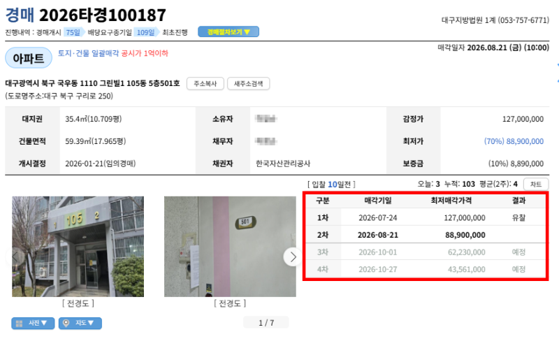 대구 북구 경매아파트 아파트가 8000만원? 국우동 그린빌1 경매 권리분석 2026타경 100187 사진 3