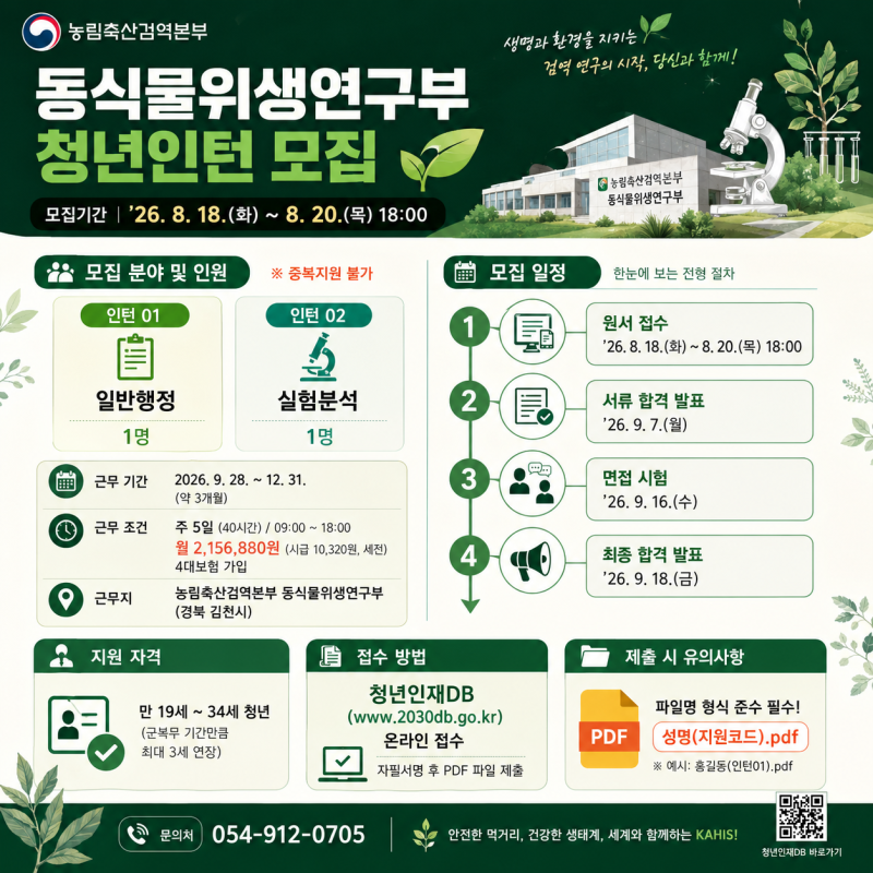 [2026 청년인턴 채용] 농림축산검역본부 동식물위생연구부 인턴 모집! 스펙+꿀경험 다 잡는 기....