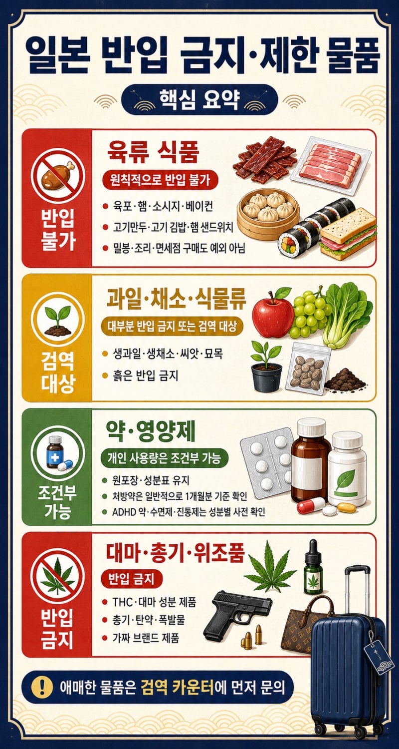 일본 반입 금지 물품 총정리｜육포·김치·과일·약·전자담배 일본 입국 전 필수 확인