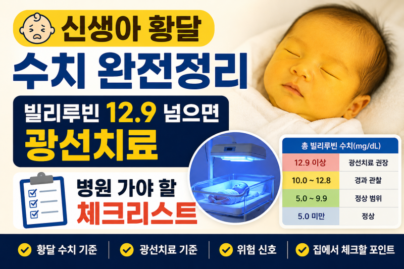 신생아 황달 수치 완전정리 — 빌리루빈 12.9 넘으면 광선치료, 병원 가야 할 체크리스트
