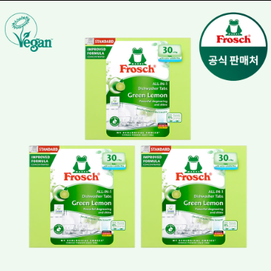 잔여물 걱정 없는 친환경 살림템! 프로쉬 친환경 식기세척기세제 18g 30개입 그린레몬 3개 묶....