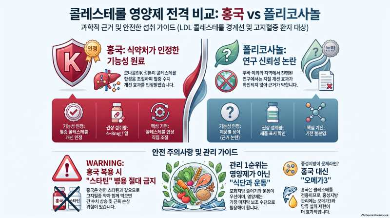 홍국 vs 폴리코사놀 — 콜레스테롤 영양제, 근거가 이렇게 다릅니다