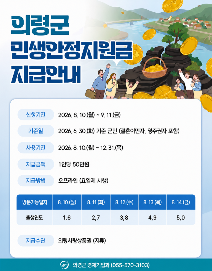 [경남 의령군] 전 군민 1인당 50만원 민생안정지원금 지급 시작!