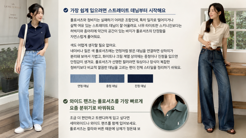 폴로셔츠를 올드해 보이지 않게 입는 바지와 신발 매치법