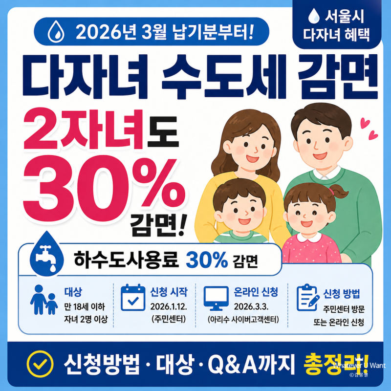 2026 다자녀 수도세 감면 2자녀도 30% 할인! 직접 신청해봄.