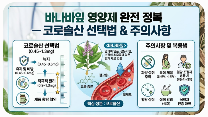 바나바잎영양제 바나바잎추출물 — 코로솔산 0.45~1.3mg 선택법과 주의사항