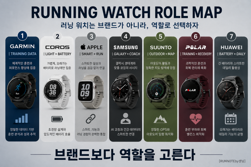 러닝워치 브랜드 7개 비교｜가민·코로스·애플·삼성·순토·폴라·화웨이
