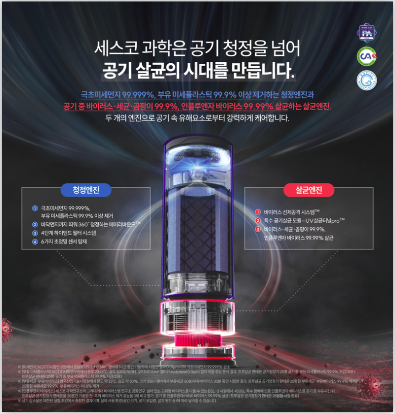 [세스코 판테온 공기청정기] 트루살균 에어리바운드 기술과 99.99% 살균 효과