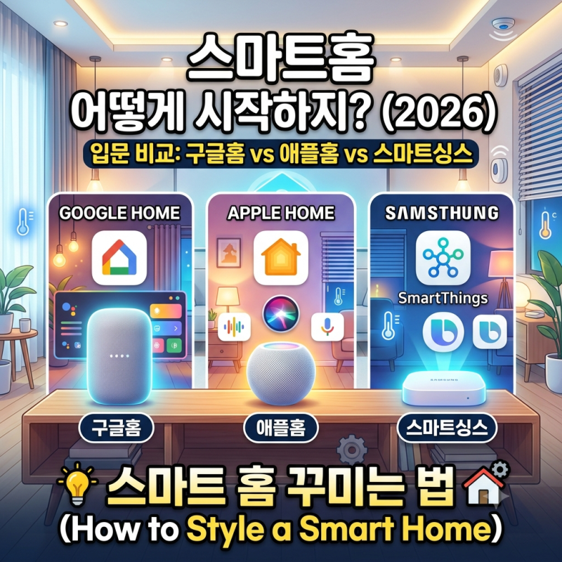 스마트홈 꾸미는 법 |스마트홈 어떻게 시작하지? — 2026 구글홈 vs 애플홈 vs 삼성 스마트싱스 ....