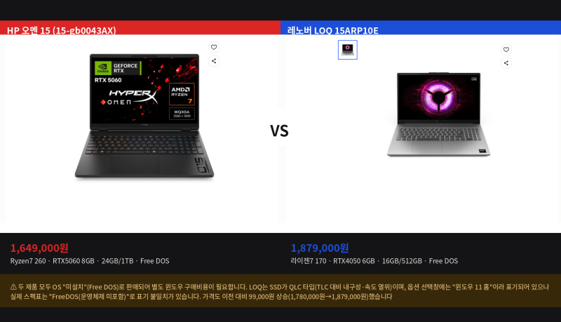 [광고]HP 오멘15 vs 레노버 LOQ 15ARP10E 게이밍 성능 비교LOQ, 게이밍 노트북