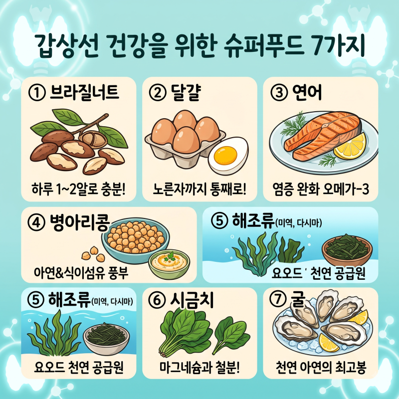 갑상선에 좋은 음식 7가지 총정리: 기능 저하증 예방 식단표와 주의사항