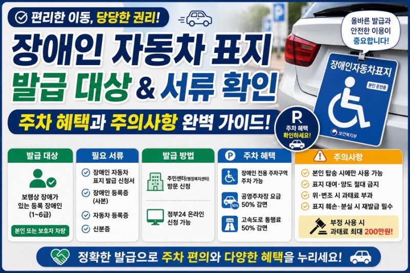 장애인 자동차 표지 발급 대상 서류 확인 및 주차 혜택 주의사항 가이드