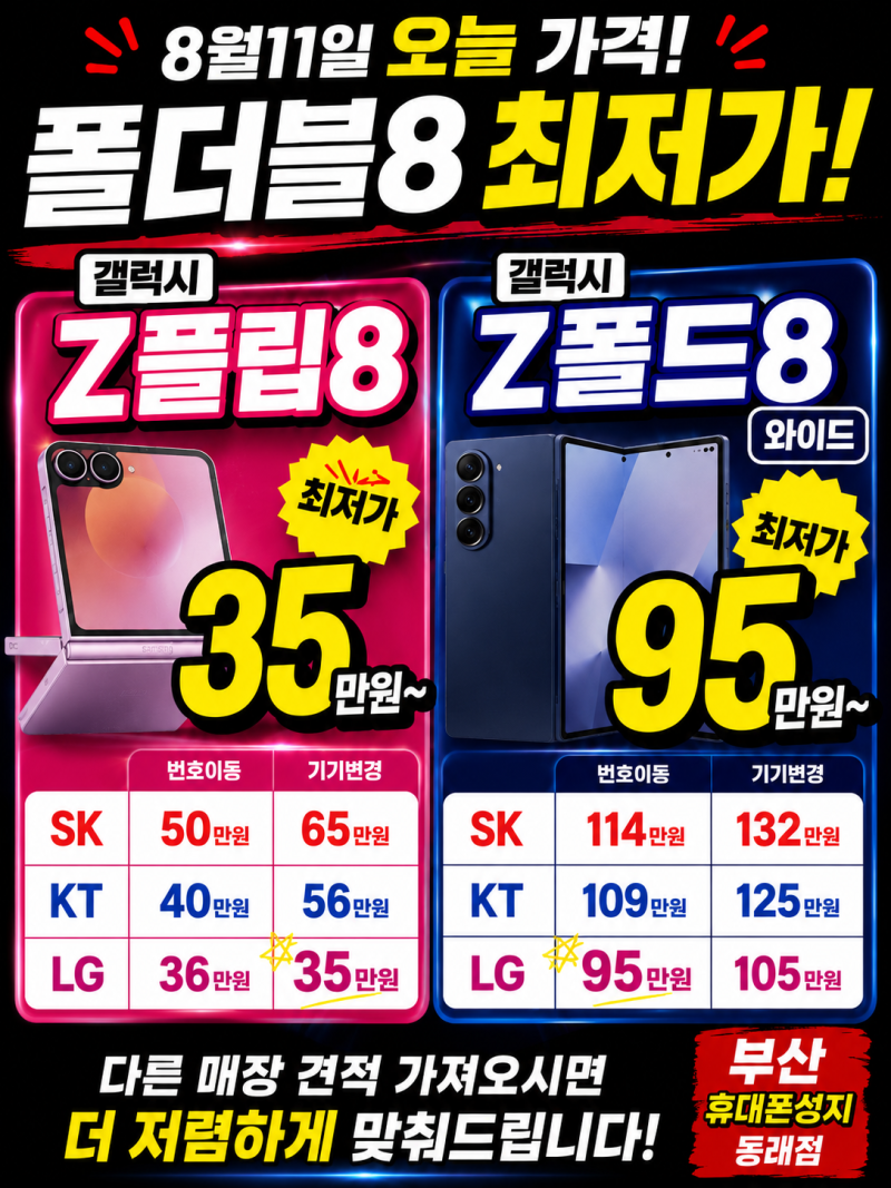 부산 Z폴드8 시세표｜Z플립8 35만원·Z폴드8 성지가격 95만원