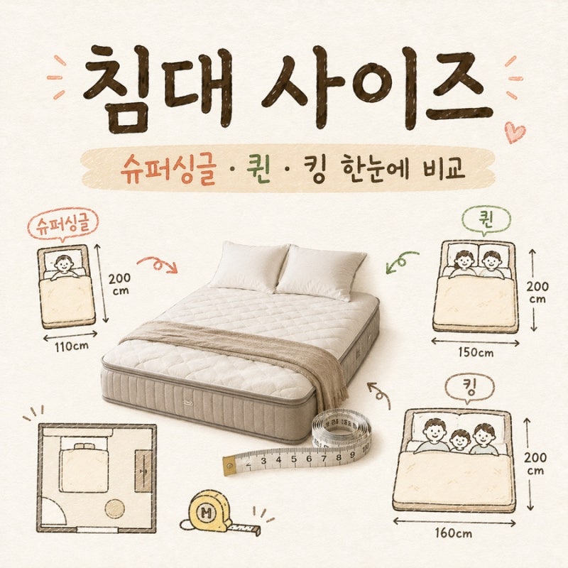 침대 사이즈 고민된다면? 슈퍼싱글 퀸 킹 크기 차이 한눈에 비교
