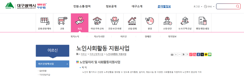 대구광역시 시니어 일자리 노인사회활동 지원센터 분야별 복지 종류
