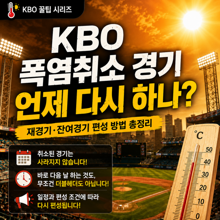 <b>KBO</b> 폭염취소 경기 언제 다시 하나? 재경기·<b>잔여</b>경기 편성 방법 총정....
