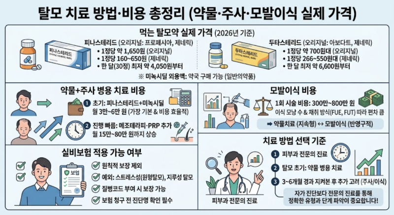 탈모 치료 방법 비용 비교 총정리 (약물·주사·모발이식 실제 가격)