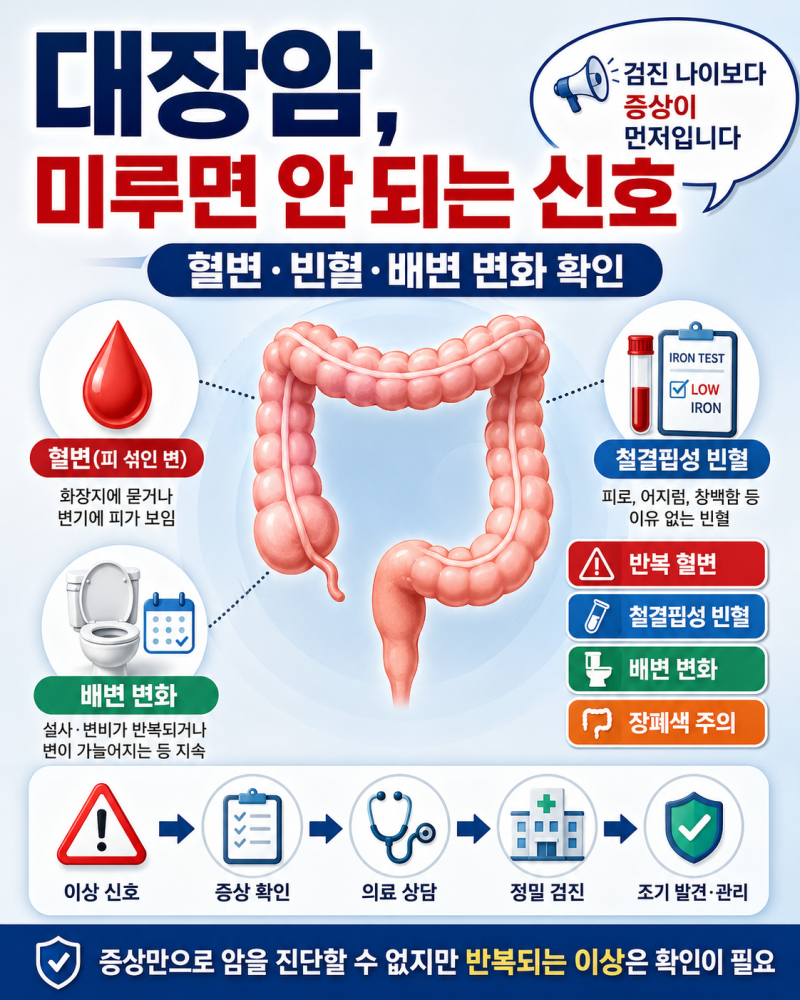 대장암 당장 병원 가야 하는 신호, 혈변·빈혈·배변 변화와 대장내시경 시기