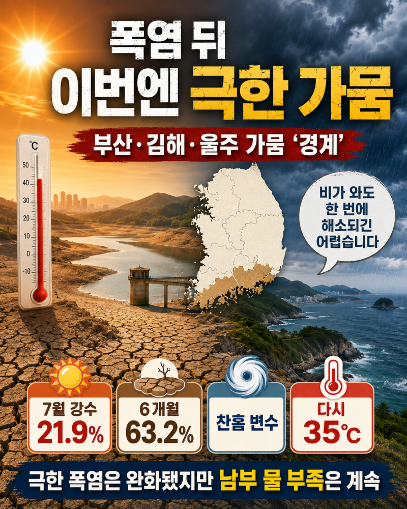 폭염 꺾였는데 남부는 극한 가뭄, 부산·김해·울주 ‘경계’…찬홈 비로 해소될까?