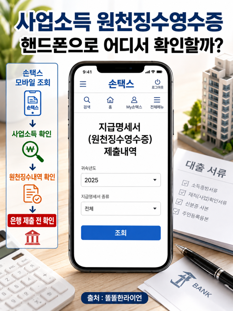 거주자의 사업소득 원천징수영수증 발급방법 손택스 모바일 조회부터 은행 제출까지 한 번....