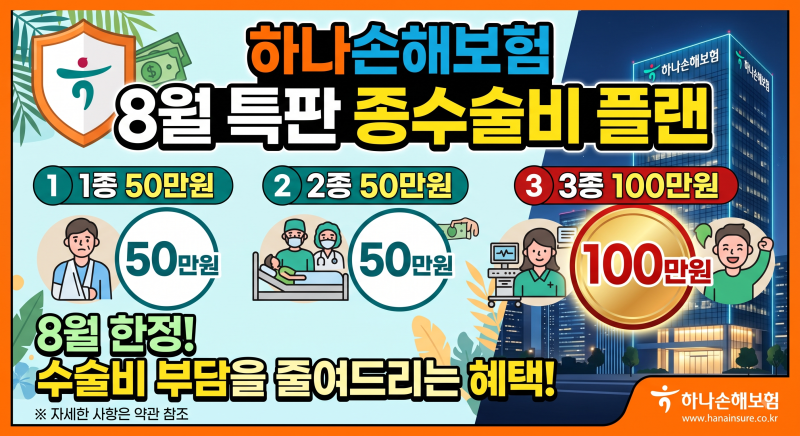 하나손해보험 1종 50만원,2종 50만원,3종 100만원 8월 특판 종수술비 플랜(타 대리점 가입불가상....