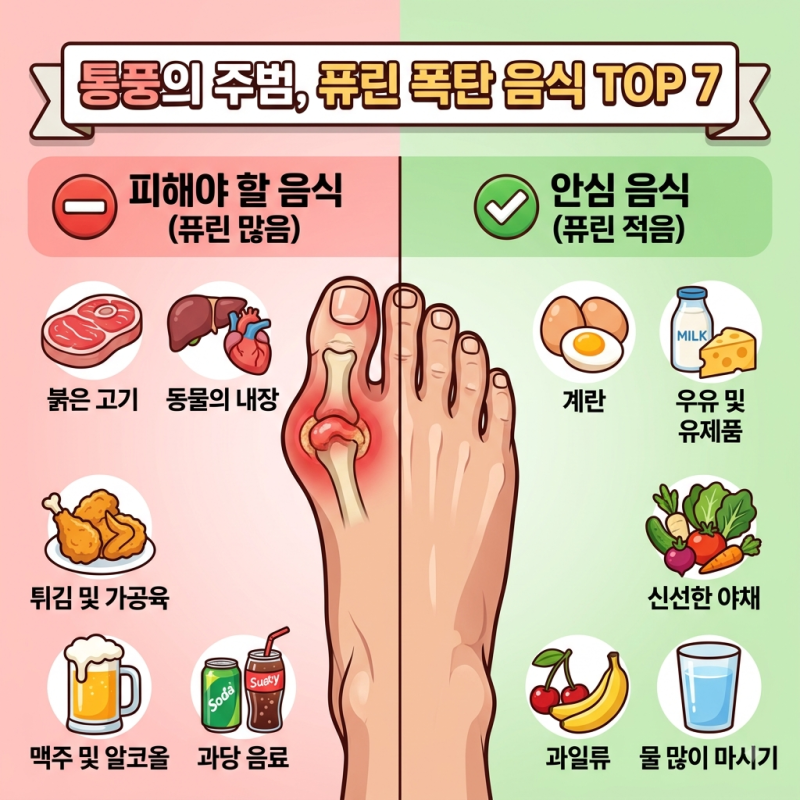 통풍 원인 퓨린 폭탄! 모르고 먹었다가 밤새 통증으로 눈물 흘리는 피해야 할 음식 TOP 7