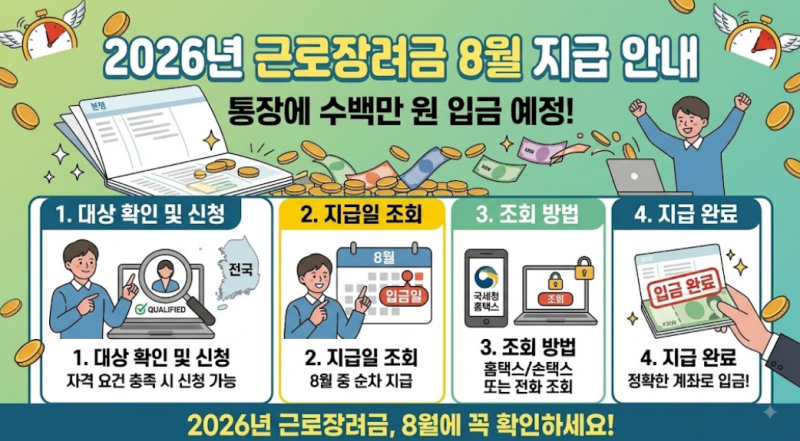 "통장에 수백만 원 입금 예정!" 2026 근로장려금 8월 지급일·조회 방법 총정리
