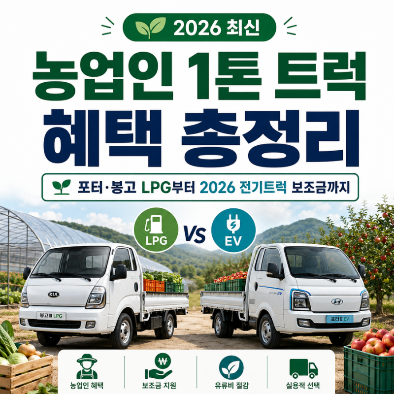 농업인 1톤 트럭 구입 혜택 총정리┃포터 봉고 LPG부터 2026 전기트럭 보조금까지