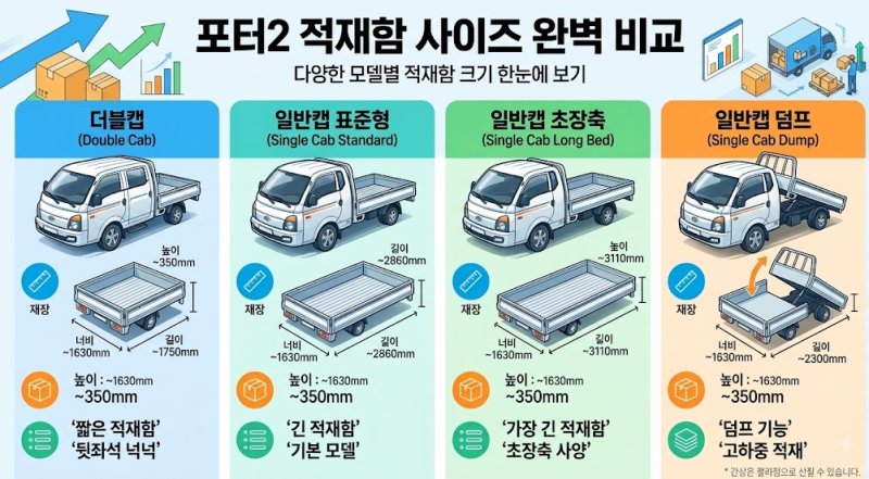포터2 적재함 사이즈 완벽 비교: 일반캡, 슈퍼캡, 더블캡 제원, LPG 터보, 전기차 보조금 총정....