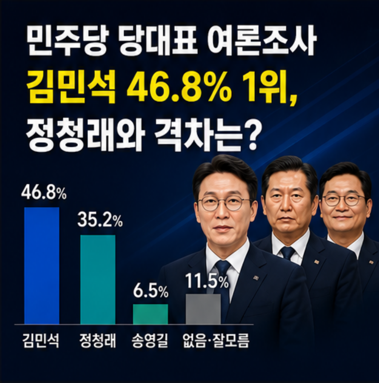 민주당 당대표 여론조사 김민석 46.8% 1위, 정청래와 격차는?